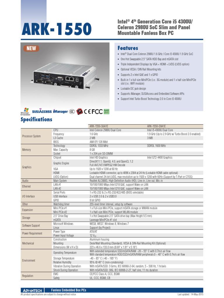 Fanless Embedded Box PC ARK-1550 | PDF | Solid State Drive | Hdmi