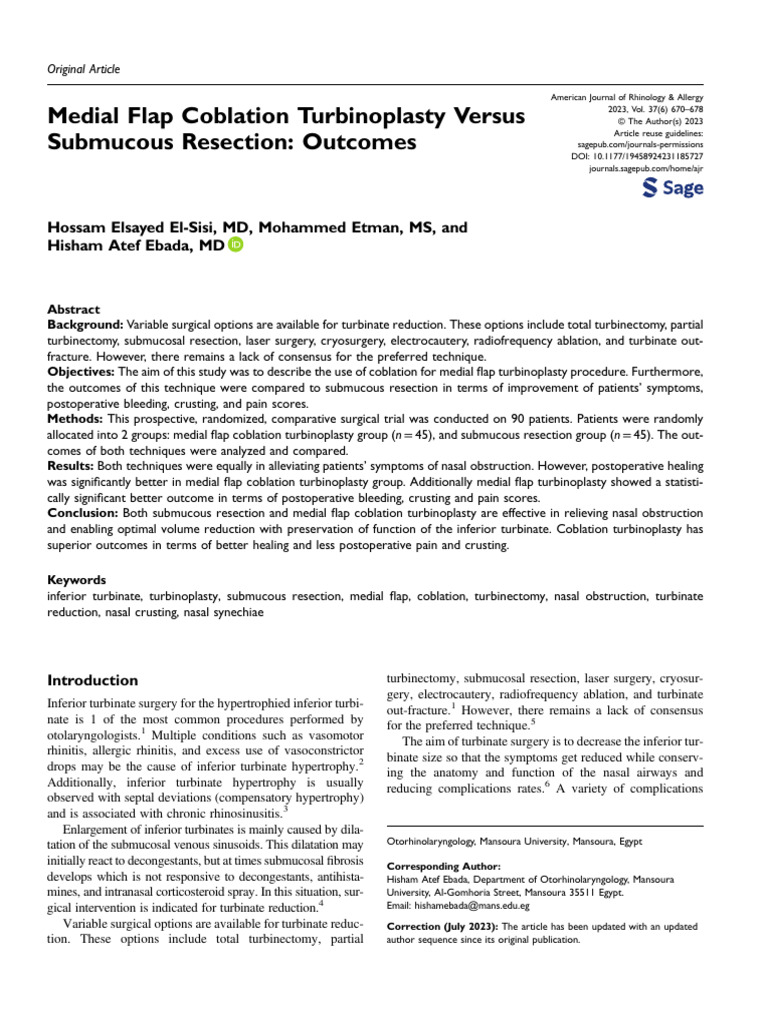 Coblation vs. Submucous Resection in Turbinoplasty | PDF | Surgery ...