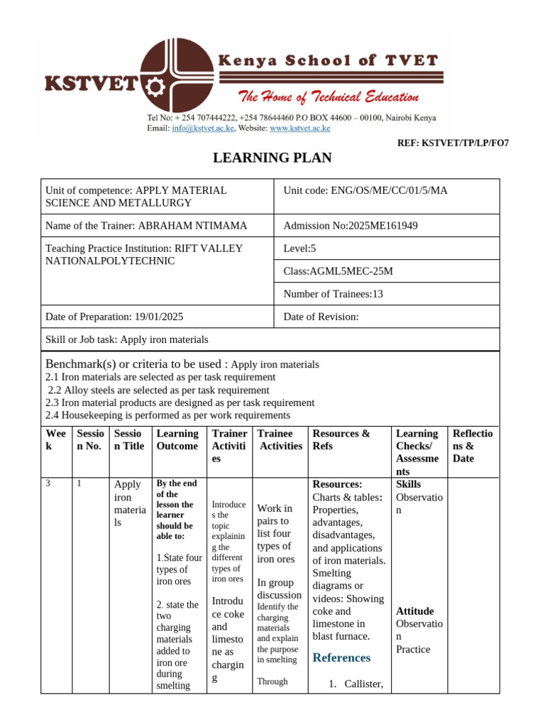 LEARNING PLAN - Week 3 Material Metullugy | PDF | Iron | Mining