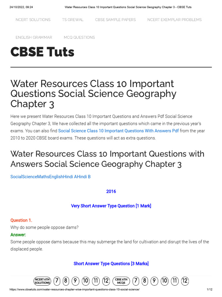 Water Resources Class 10 Important Questions Social Science Geography ...