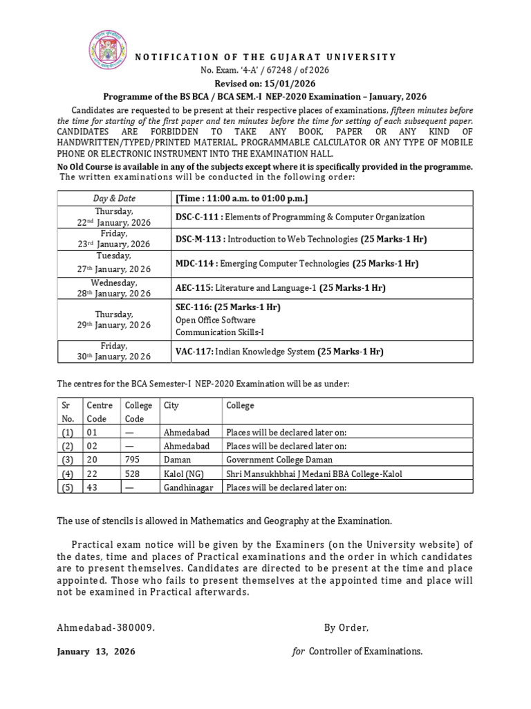 Gujarat University BCA Exam Schedule 2026 | PDF | Qualifications ...