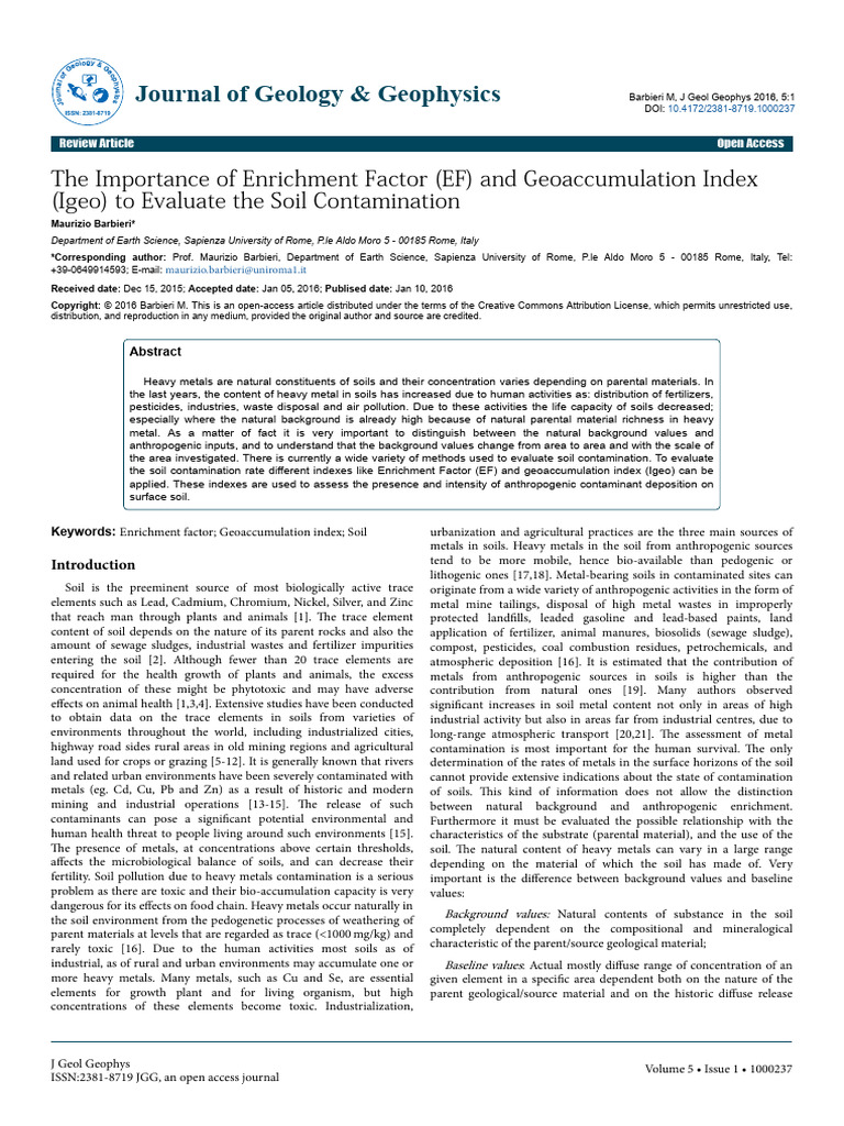 The Importance of Enrichment Factor Ef and Geoaccumulation Index Igeo ...