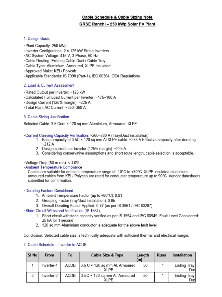 250 kWp Solar PV Cable Sizing Guide | PDF | Electrical Equipment ...