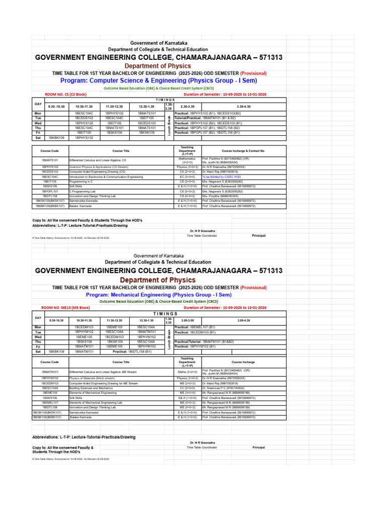 GECC P Cycle Time Table 2025 2026 Odd Sem (Provisional) | PDF | Mathematics