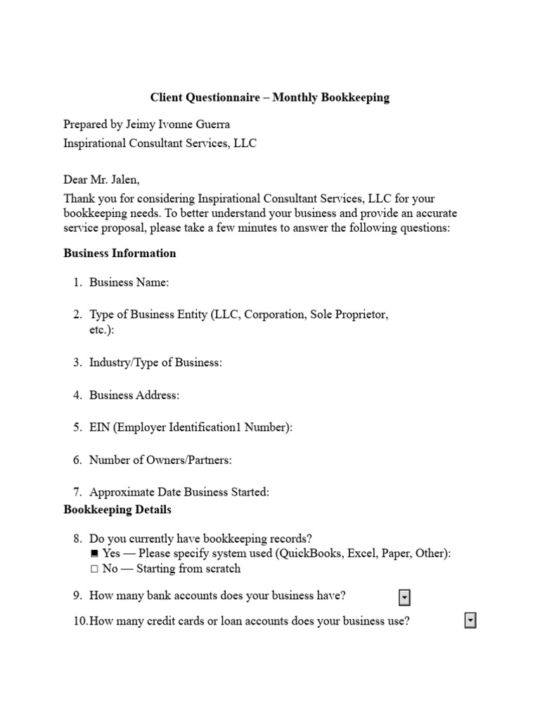 Monthly Bookkeeping Client Questionnaire | PDF | Bookkeeping | Business
