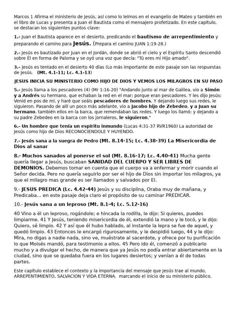 Inicio del Ministerio de Jesús en Marcos 1 | PDF | Jesús | Ministerio ...