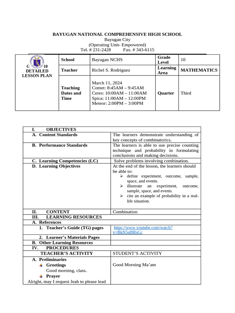 Grade 10 Math Lesson Plan: Combinatorics | PDF | Learning