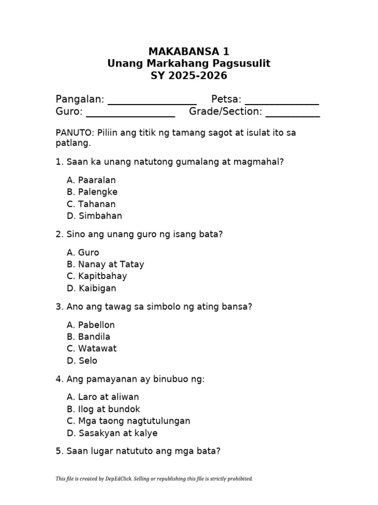 Makabansa 1 - 1st Periodic Test - Depedclick | PDF