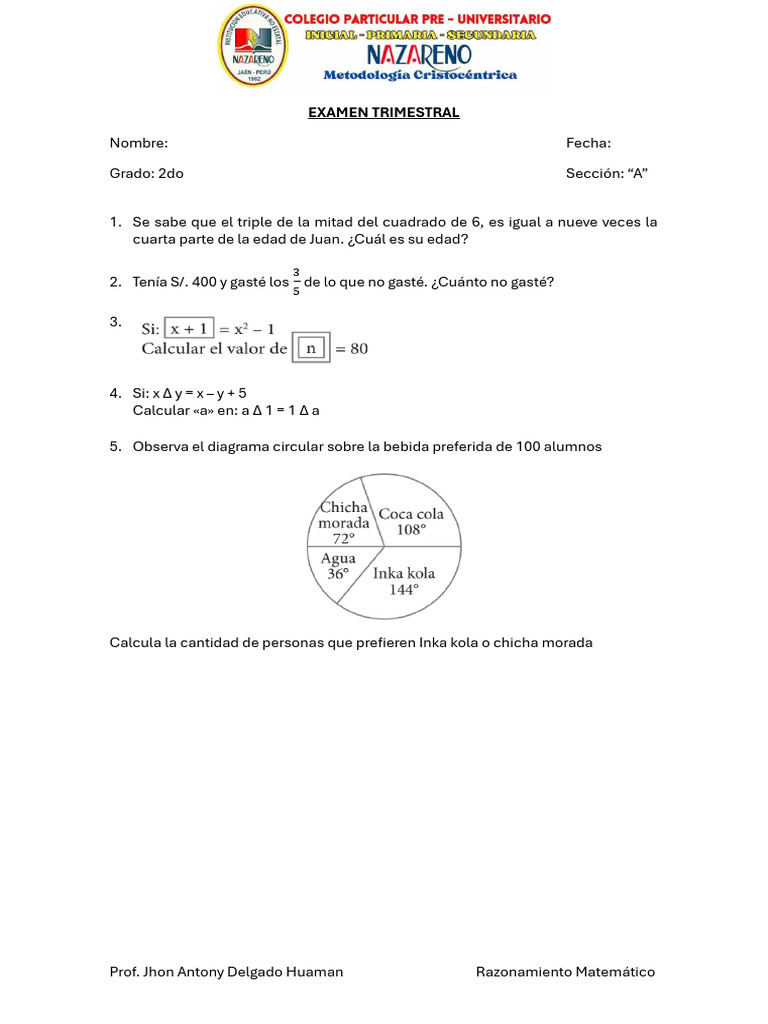 Examen Trimestral - Razonamiento Matematico - 2do de Secundaria - A | PDF