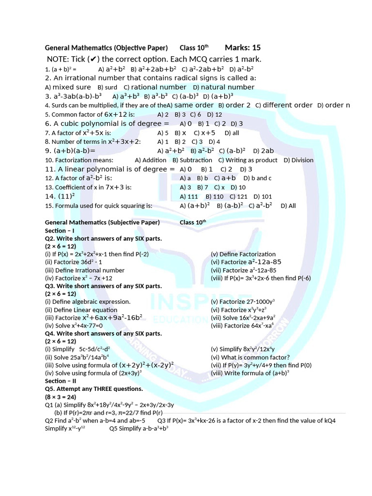 Class 10 General Mathematics MCQs & Answers | PDF | Numbers | Factorization