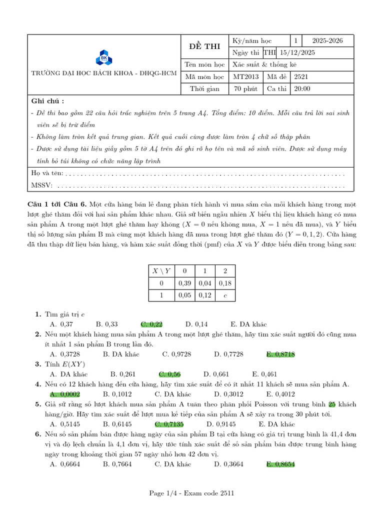 ĐỀ CUỐI KỲ 251 MÃ ĐỀ 2521 | PDF