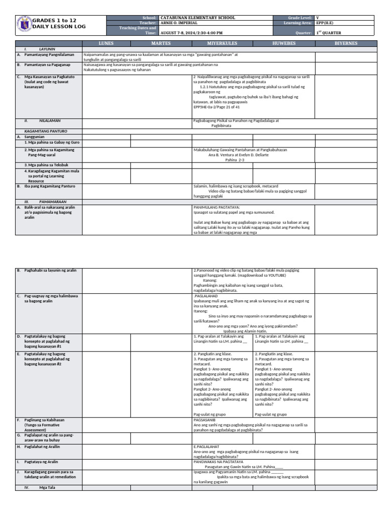 DLL - Epp 5 - Q1 - August 7-8, 2024 | PDF