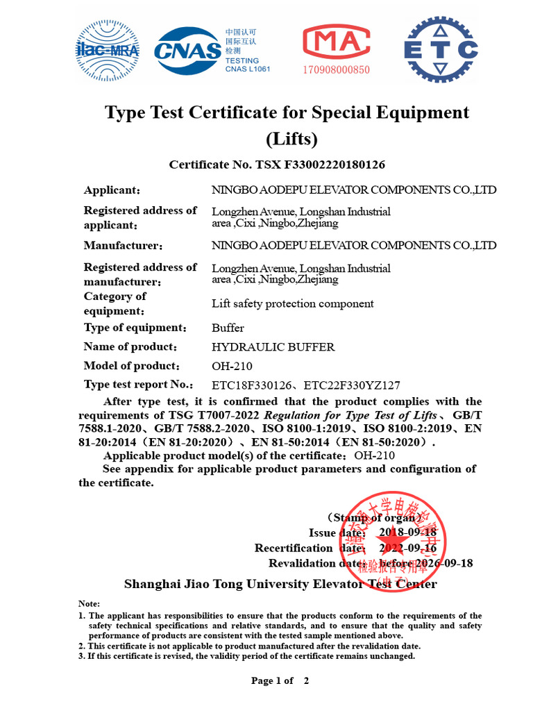Hydraulic Buffer Lift Test Certificate | PDF | Elevator