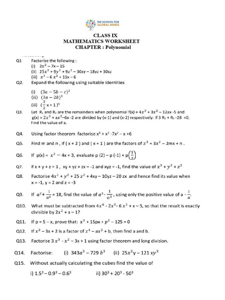 Class 9 Polynomials Worksheet | PDF