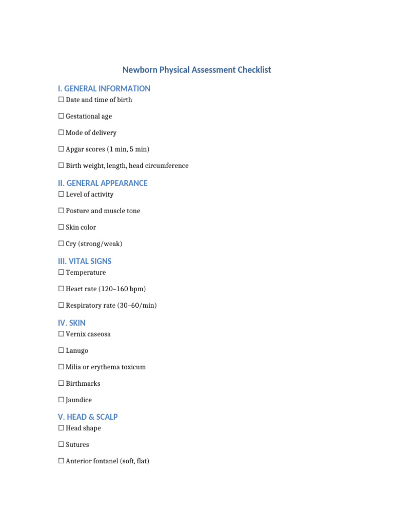 Newborn Physical Assessment Checklist | PDF