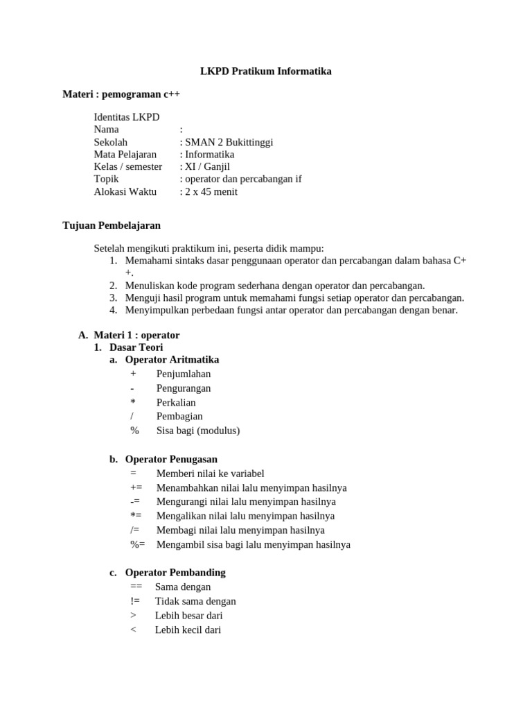 Praktikum C++: Operator dan Percabangan | PDF