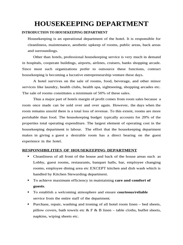 Housekeeping Department Overview | PDF | Laundry | Housekeeping