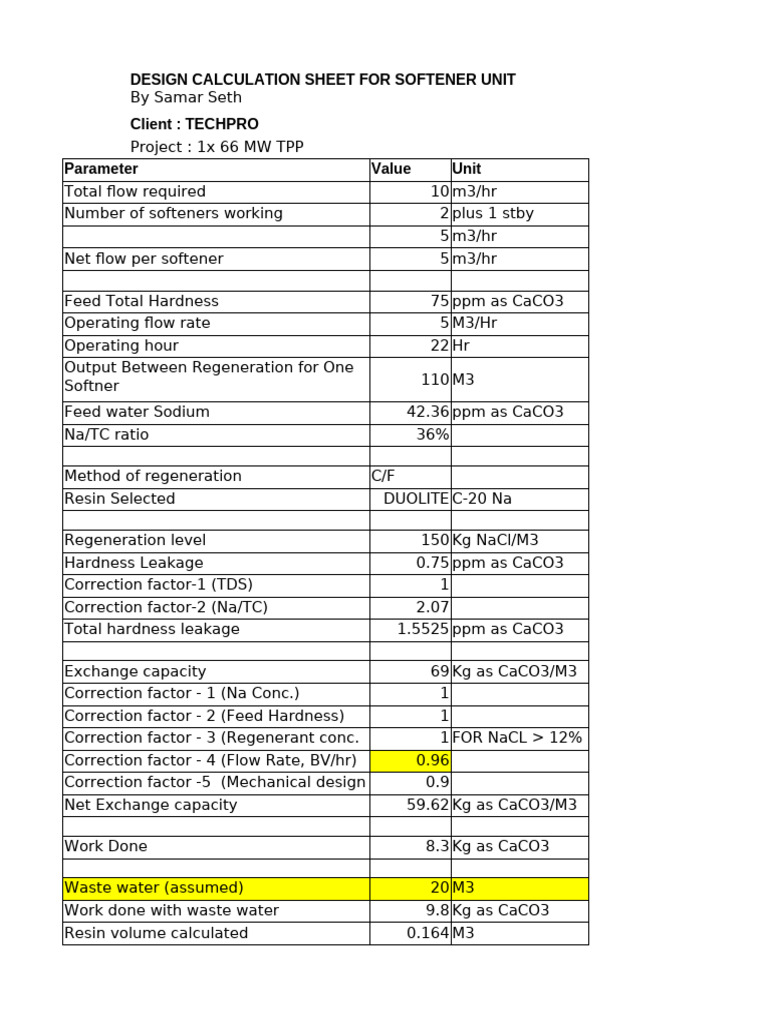 Softener Unit Design Calculation Sheet | PDF | Sodium Chloride | Chemistry