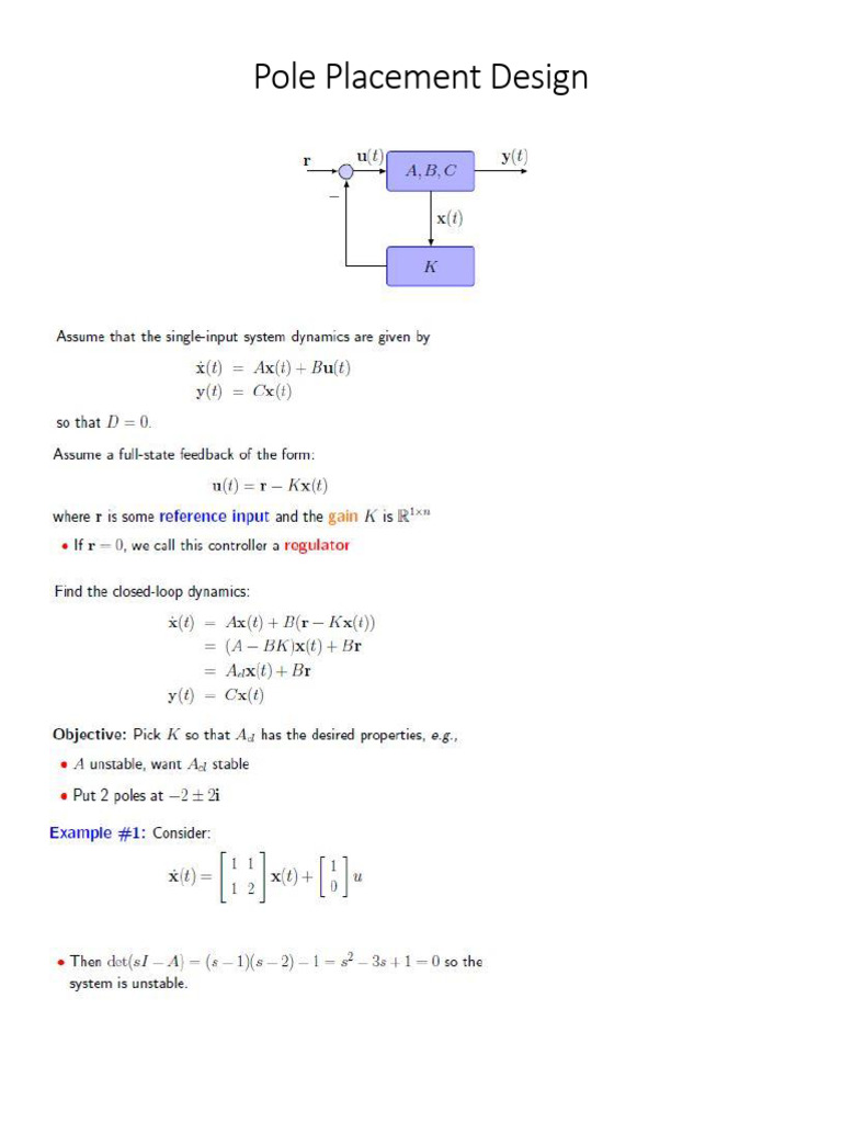 Pole Placement Design for Control Systems | PDF