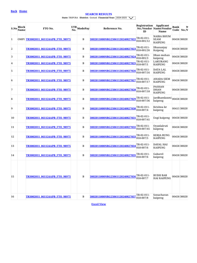S.No Block Name Fto No. Utr No. Modepay Reference No. Registration No ...