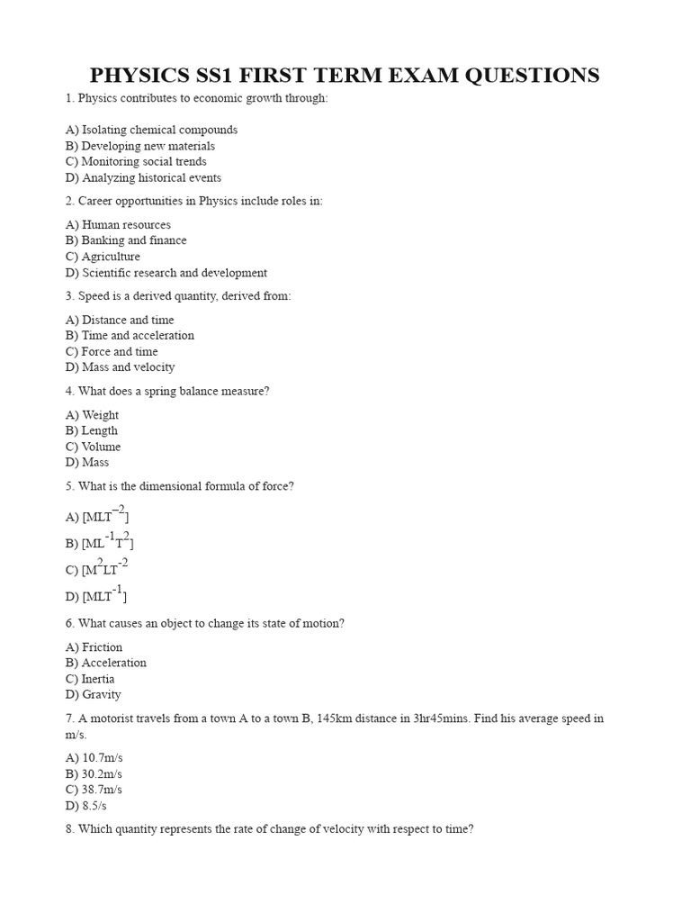 Physics SS1 & SS2 Exam Questions | PDF | Force | Acceleration