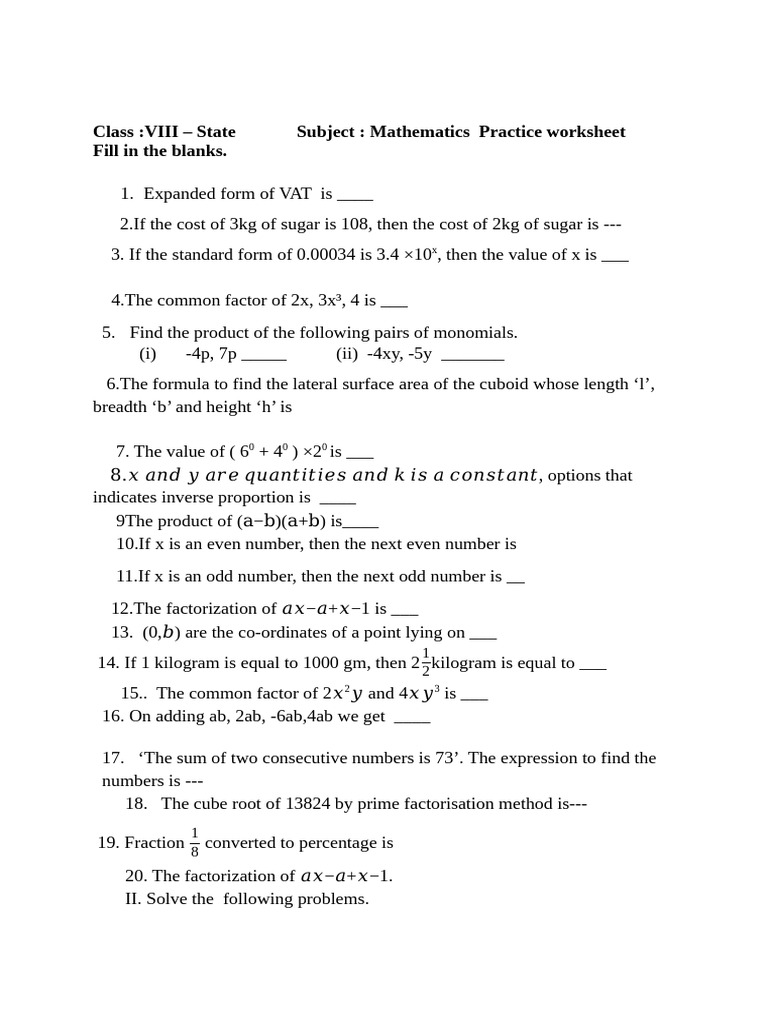 Class VIII Mathematics Practice Worksheet | PDF | Area | Factorization