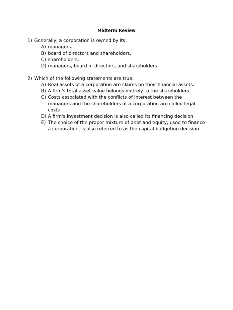 Corporate Finance Midterm Review Questions | PDF | Net Present Value ...