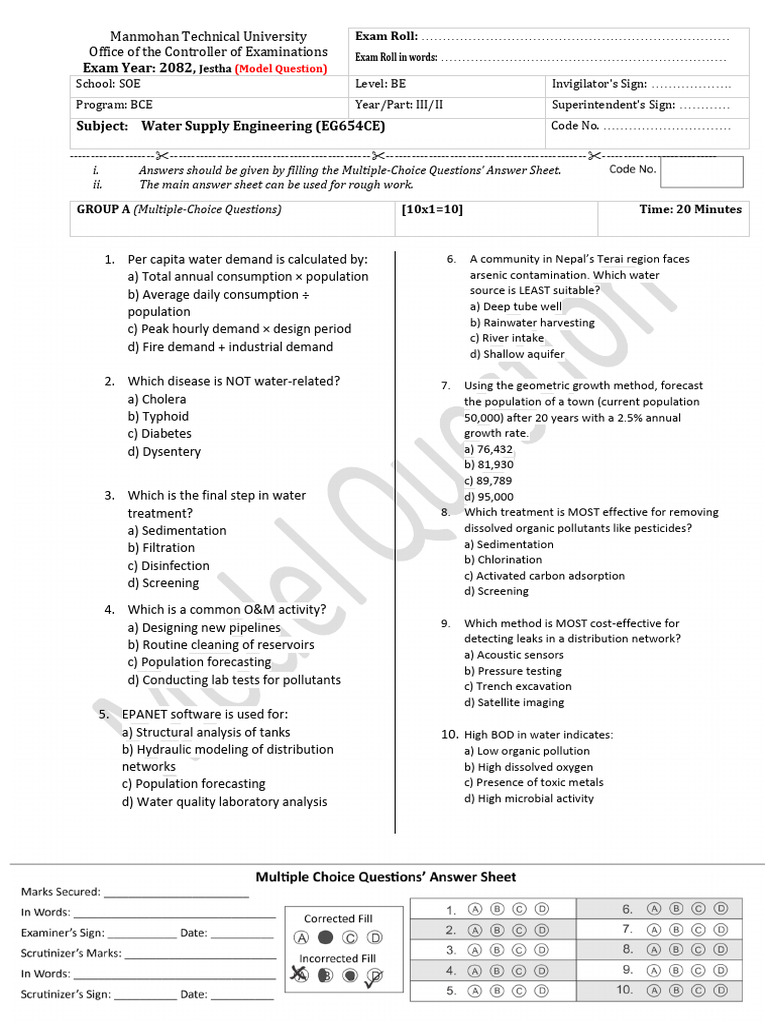 Water Supply Engineering Exam Questions | PDF | Water | Water And The ...