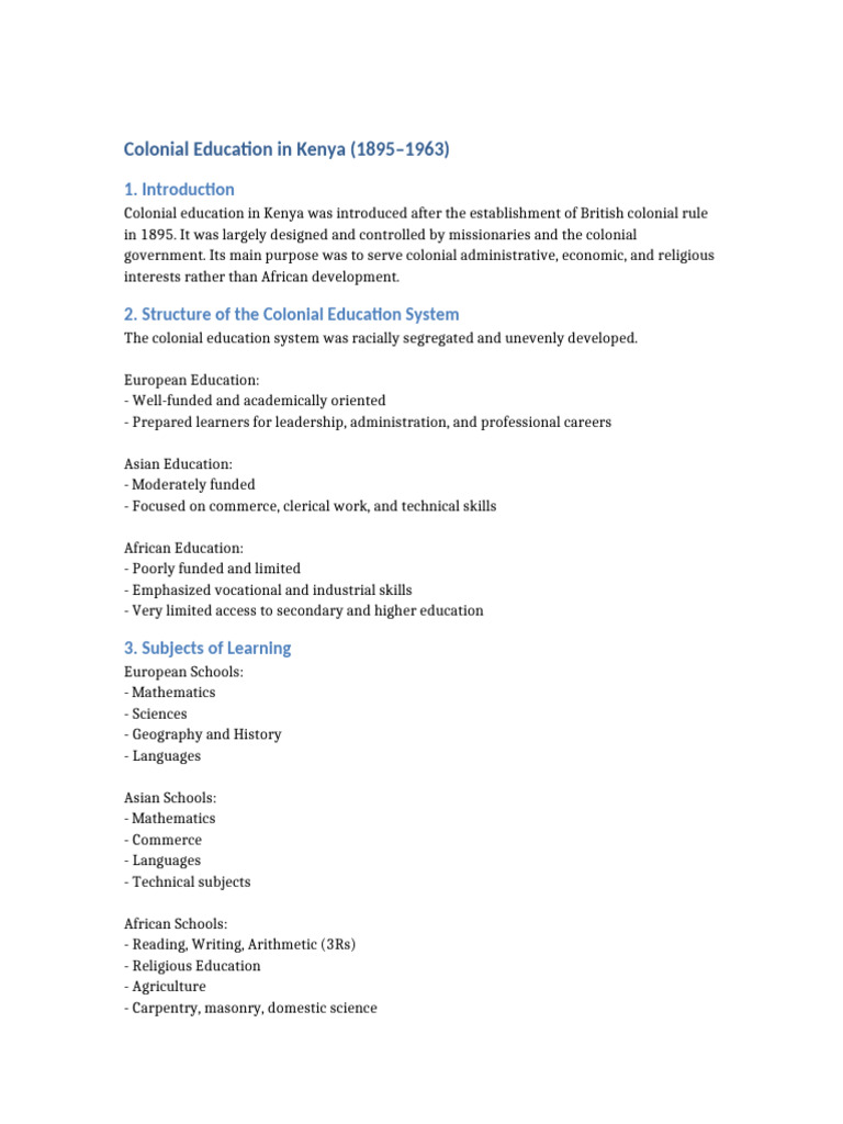 Colonial Education System in Kenya (1895-1963) | PDF | Curriculum ...