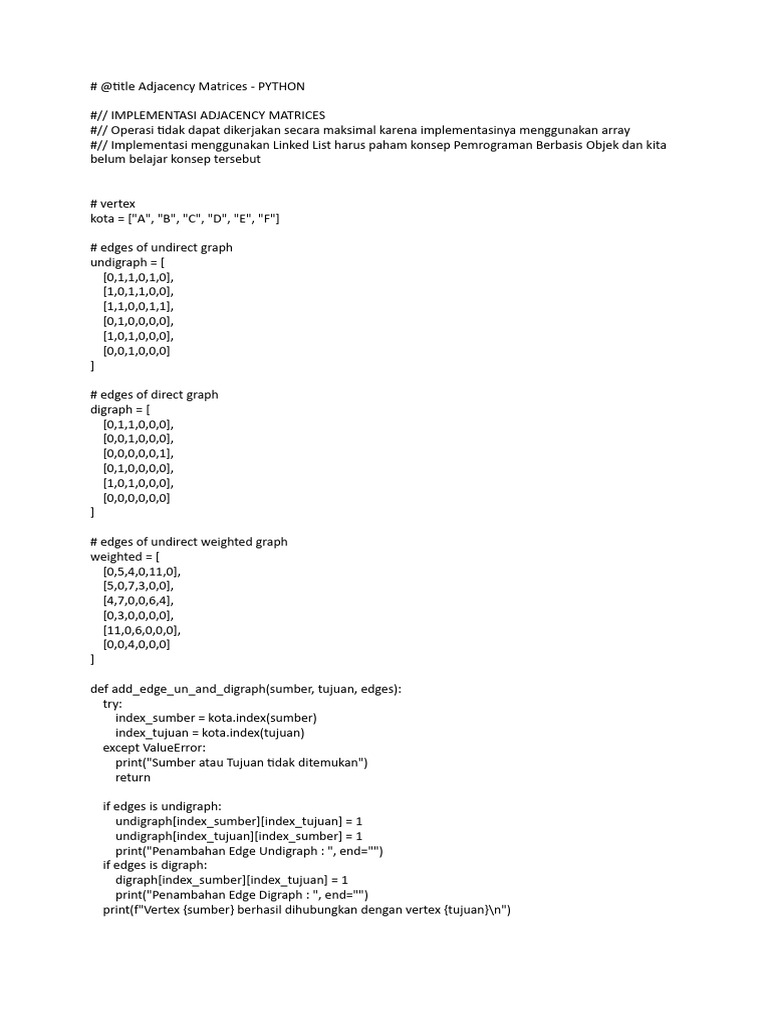 Python Adjacency Matrices Implementation | PDF | Vertex (Graph Theory ...