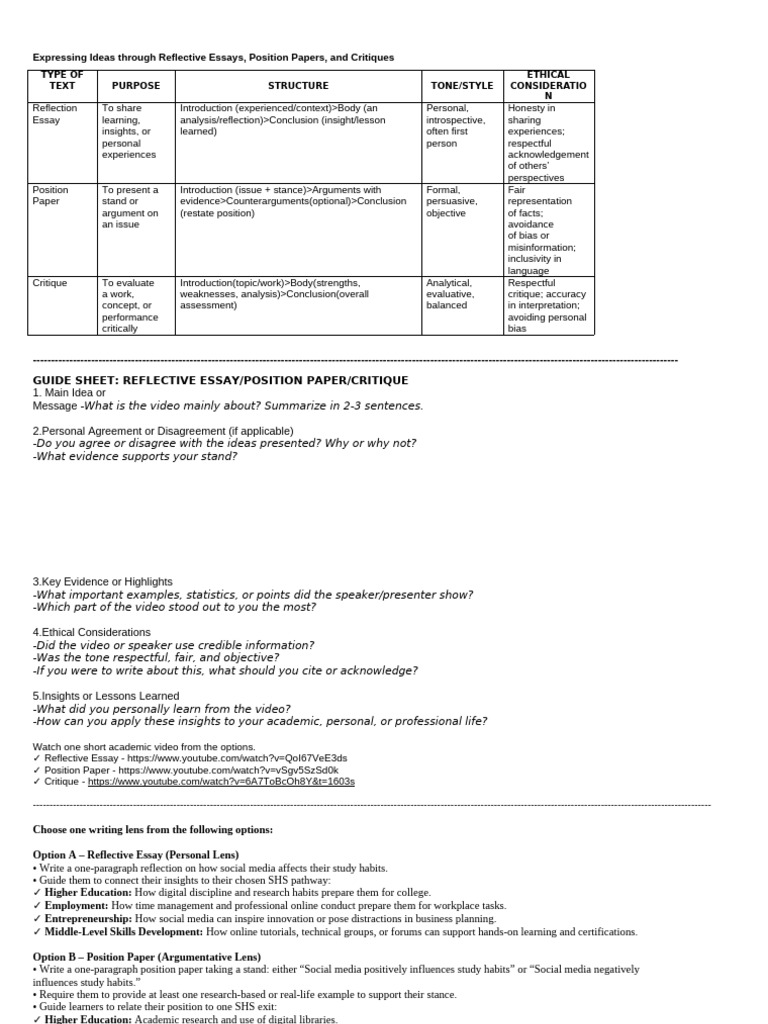Text Types Reflective Essays Position Papers and Critiques | PDF ...