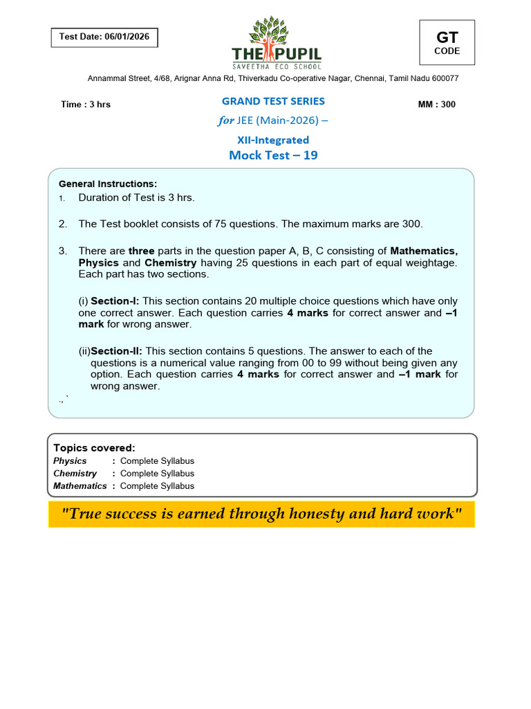JEE Main 2026 Grand Test Series Mock 19 | PDF | Multiple Choice | Numbers