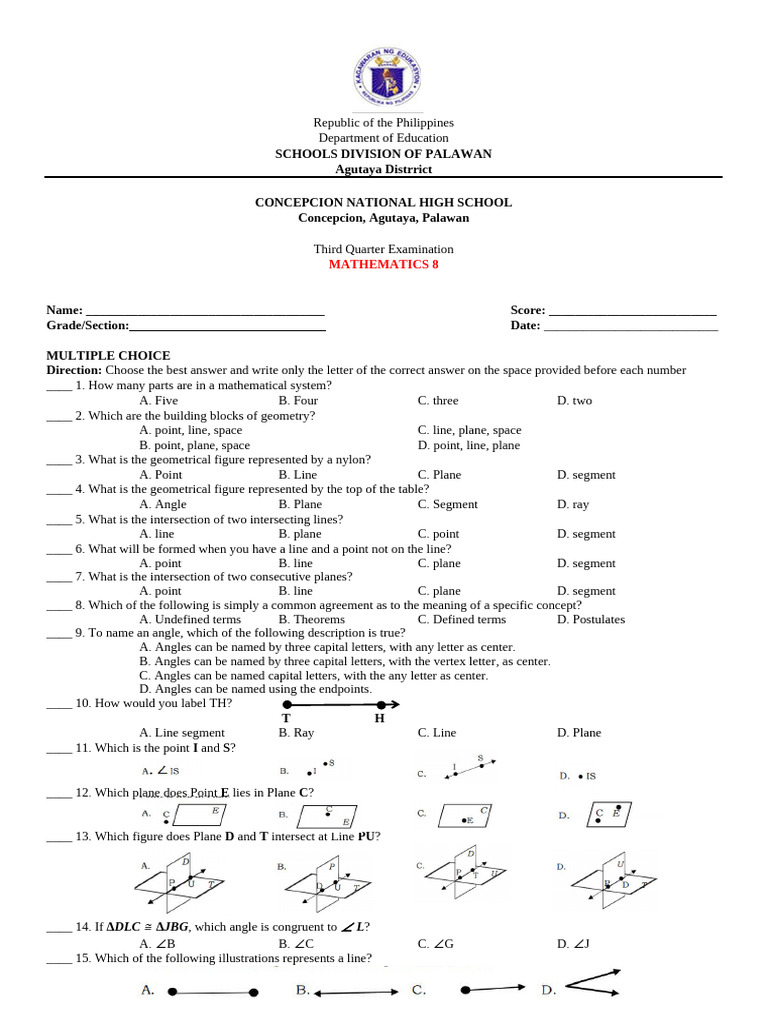Math 8 Third Quarter Exam Guide | PDF | Line (Geometry) | Mathematical ...