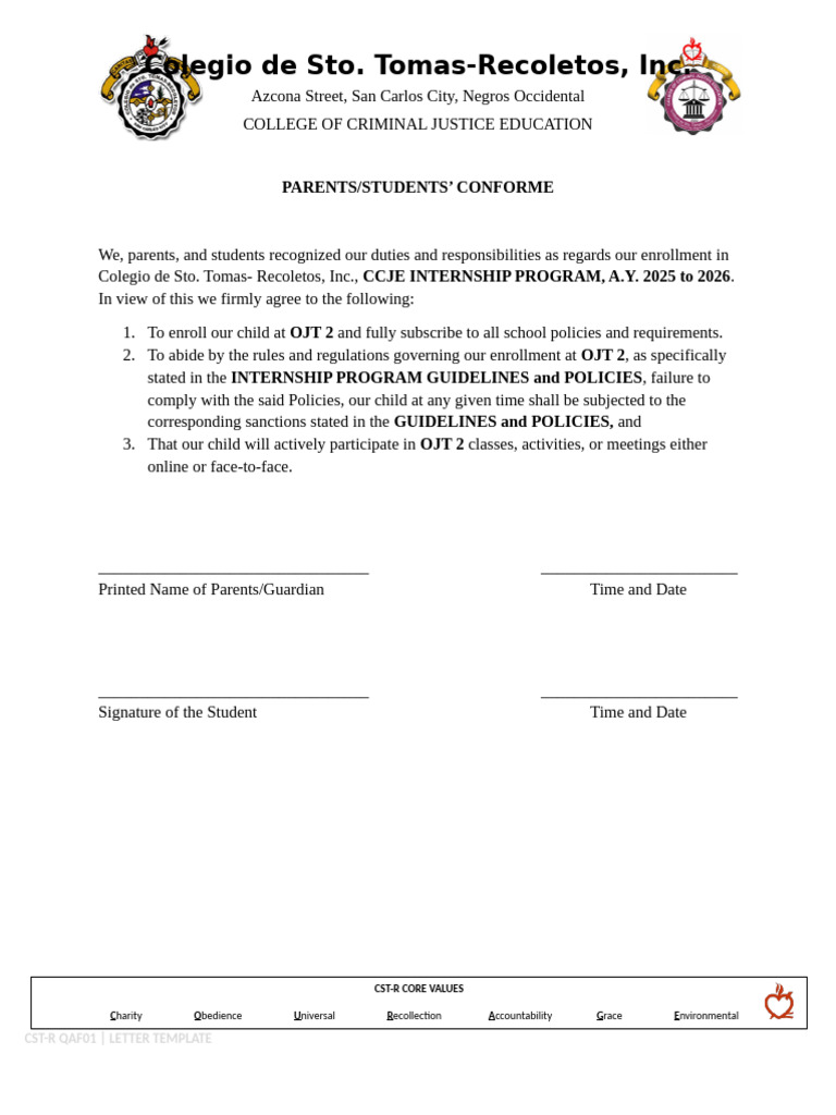 Ojt - Parents Students' Conforme | PDF
