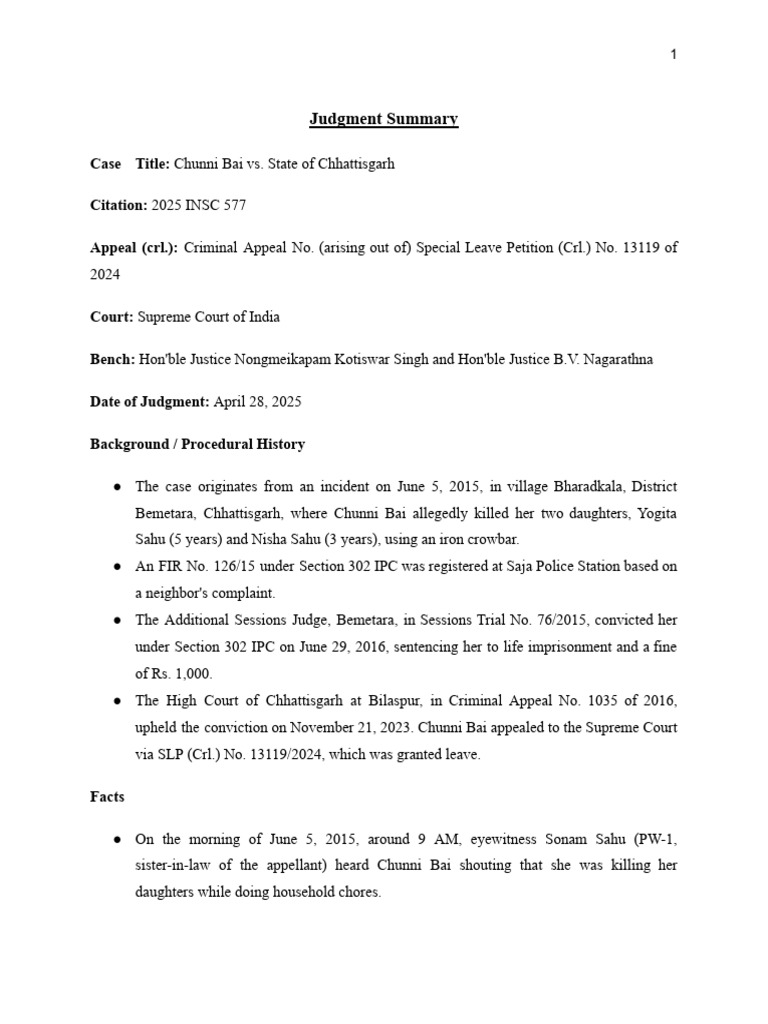 Chunni Bai Murder Case Judgment Summary | PDF | Legal Procedure ...