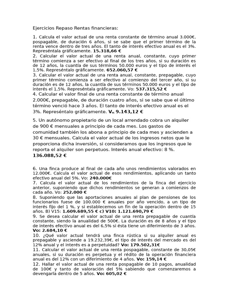 Ejercicios Repaso Rentas Financieras | PDF | Pensión | Interés