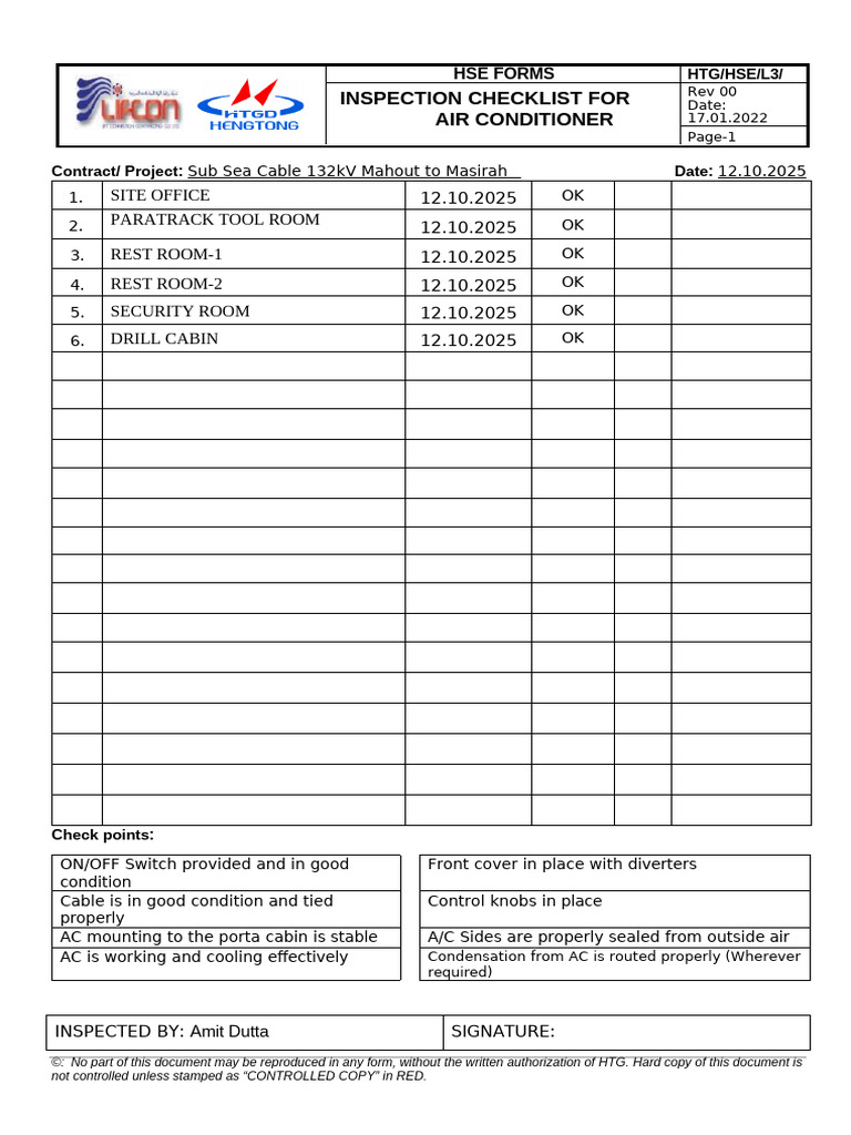 Air Conditioner Inspection Checklist | PDF