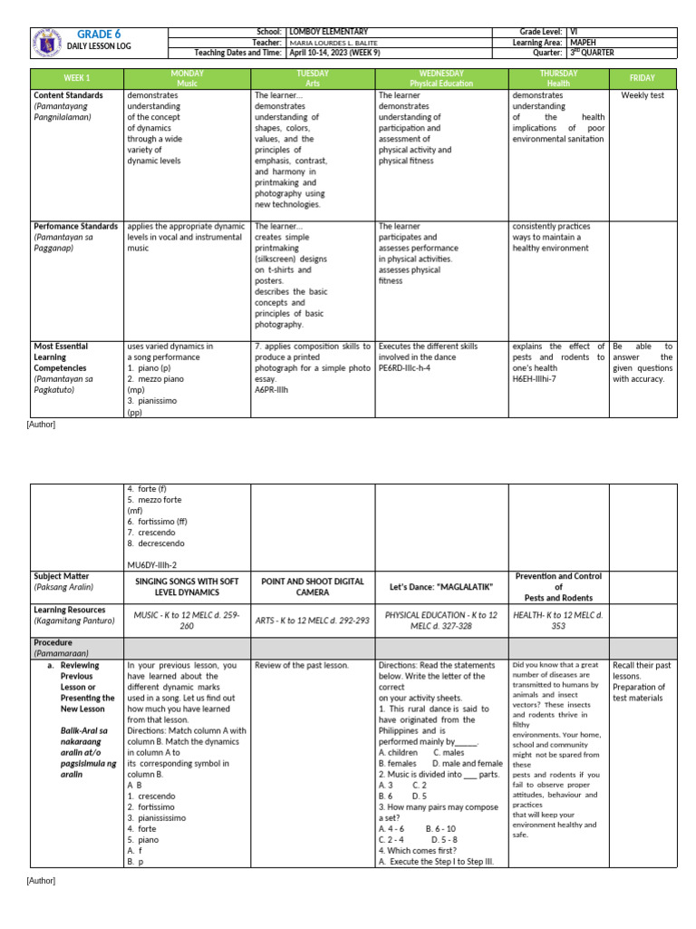 Grade 6 MAPEH Weekly Lesson Plan | PDF | Learning