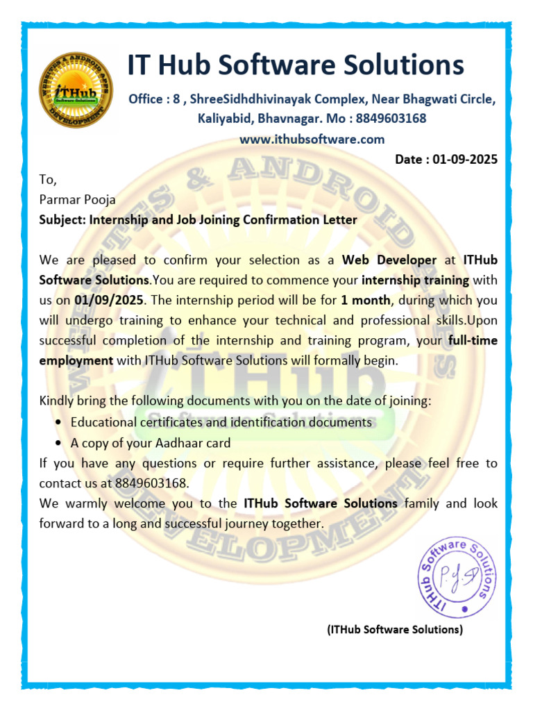 Internship Confirmation for Web Developer | PDF