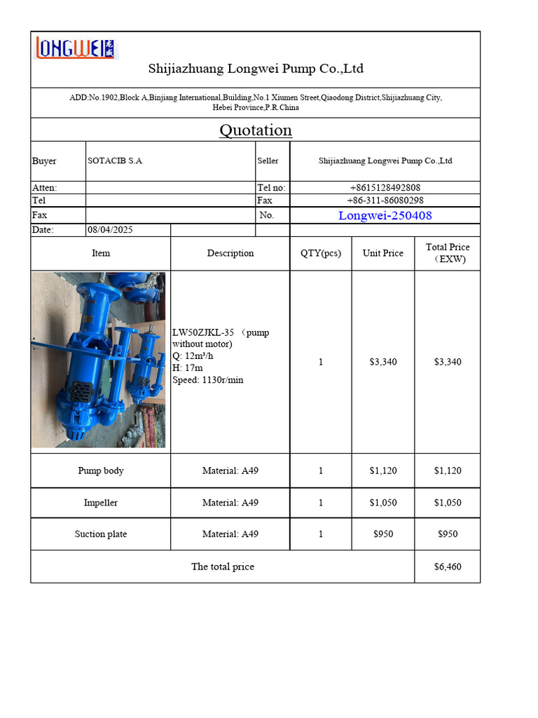 Pump Quotation from Longwei Co. | PDF