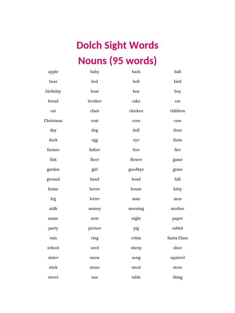 Dolch Noun List Pretty Format | PDF