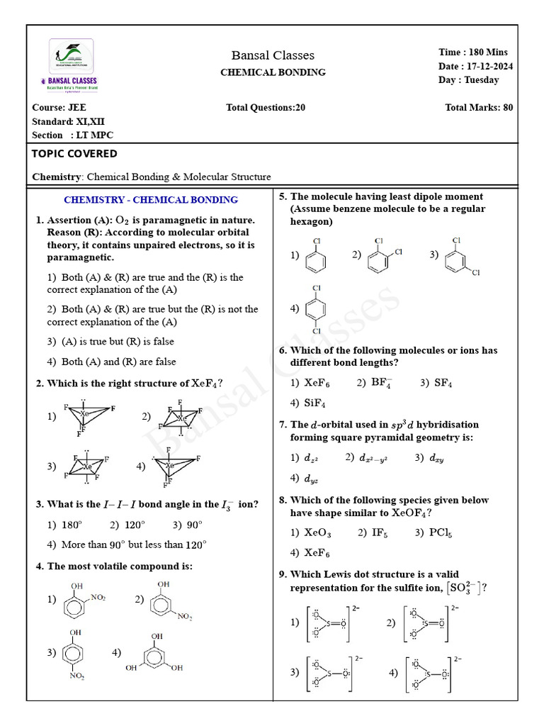 Chemical Bonding Questions Split | PDF | Chemical Bond | Phases Of Matter