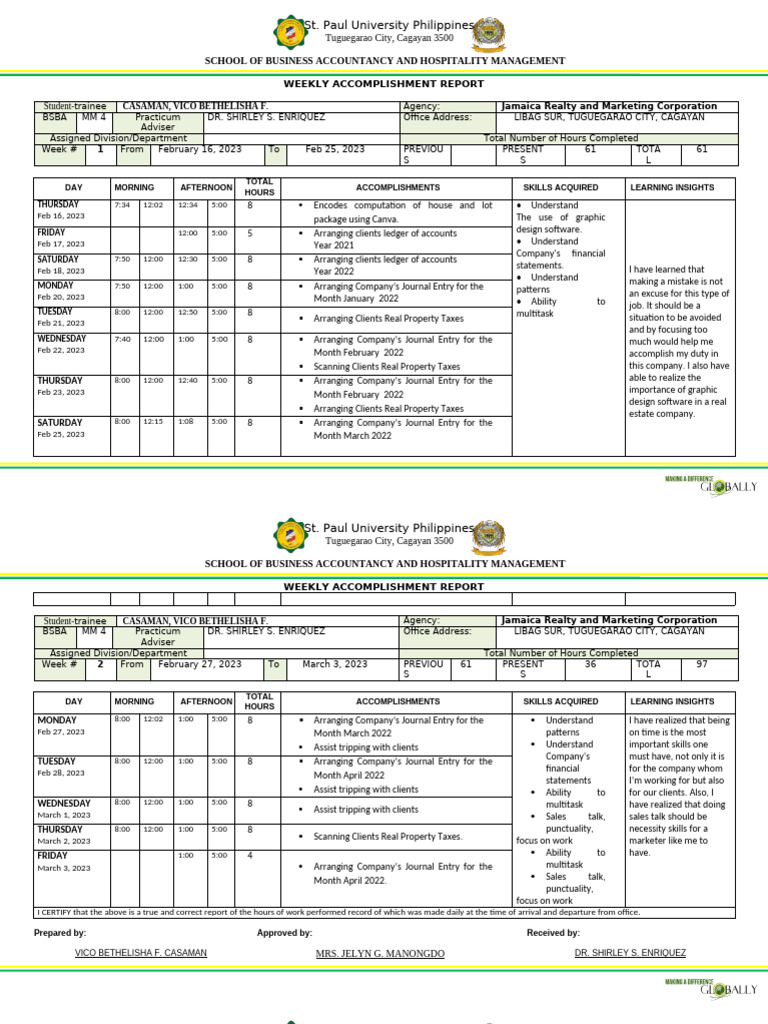 Weekly Accomplishment Report: BSBA Practicum | PDF