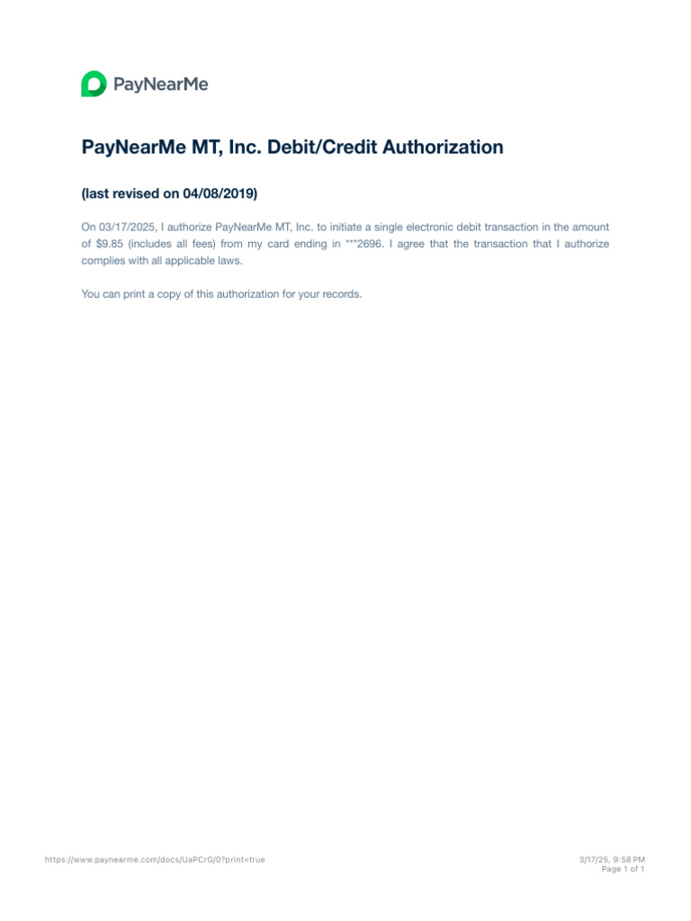 PayNearMe Debit/Credit Authorization Form | PDF