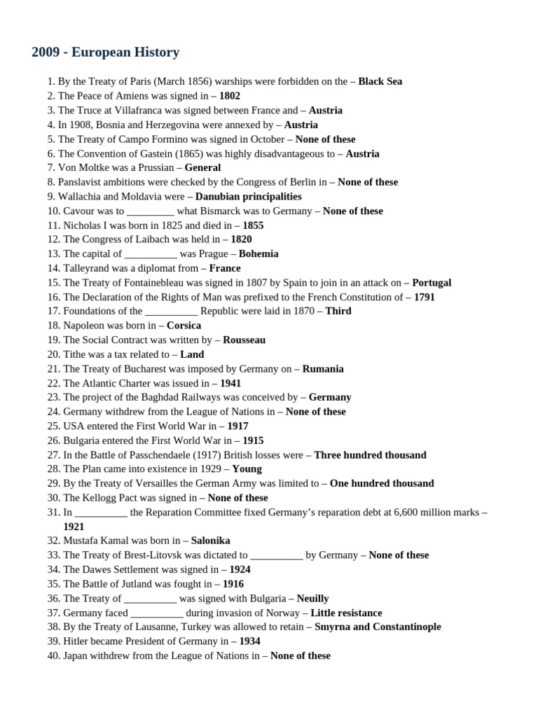European History MCQs - 1 | PDF | World War II | Otto Von Bismarck