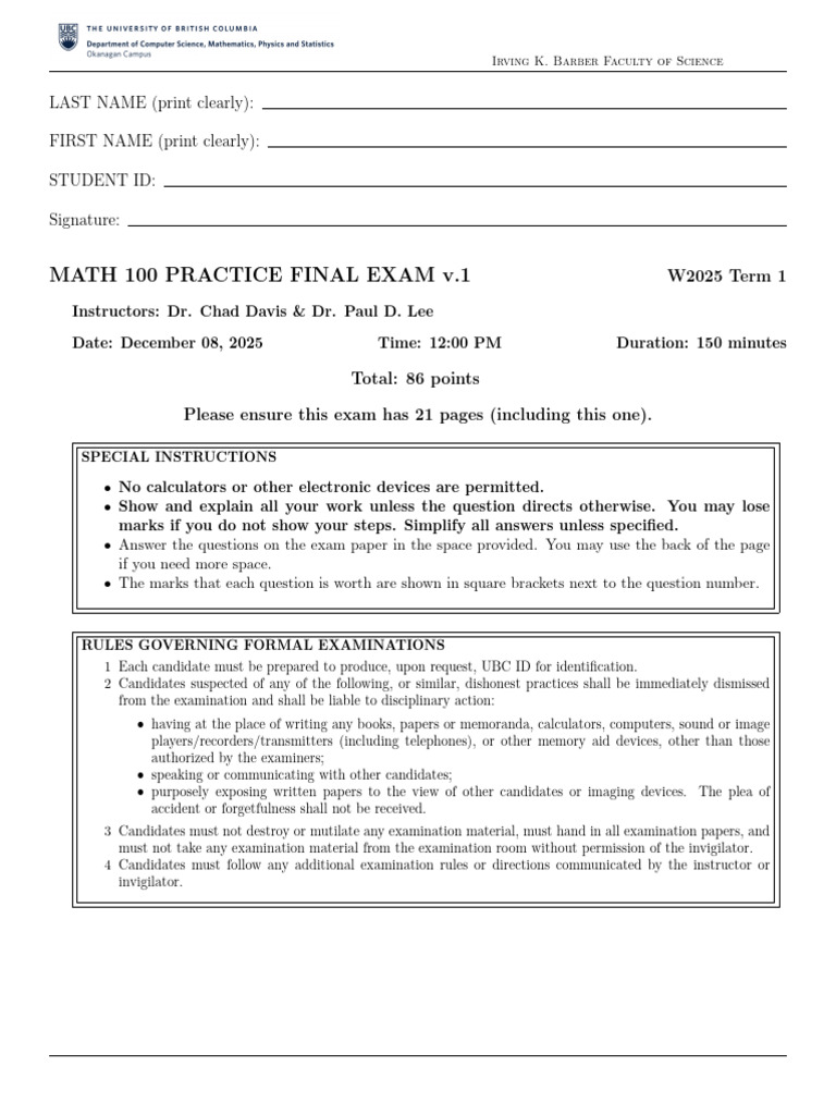 MATH 100 W25 T1 Practice Final Exam v1 Key7 | PDF | Mathematics ...