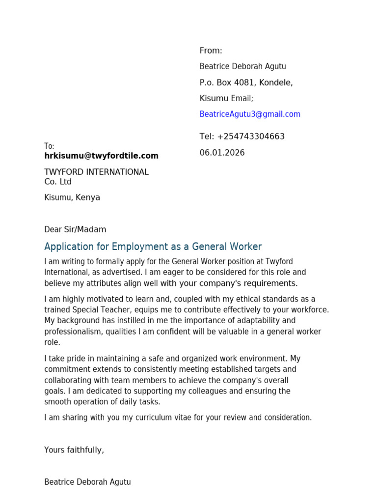 Job Application for General Worker Position | PDF