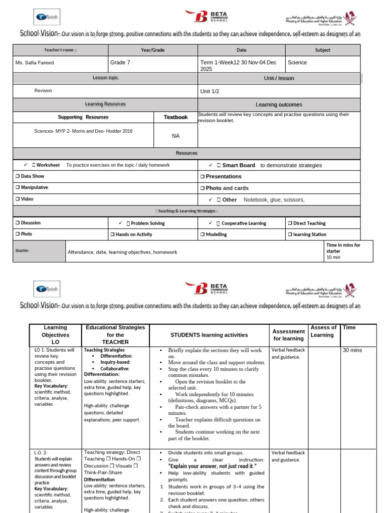 Grade 7 Science Revision Plan | PDF | Cognition | Cognitive Science
