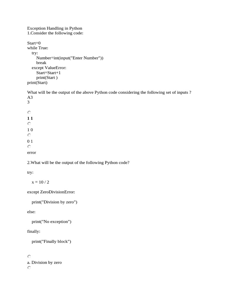 Python Exception Handling Quiz | PDF | Python (Programming Language ...