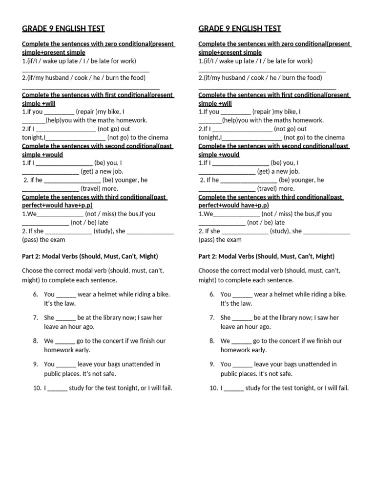 Grade 9 English Conditional Test | PDF | Chess Theory | Chess
